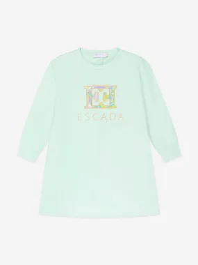 Escada Girls Embroidered Logo Sweater Dress in Blue