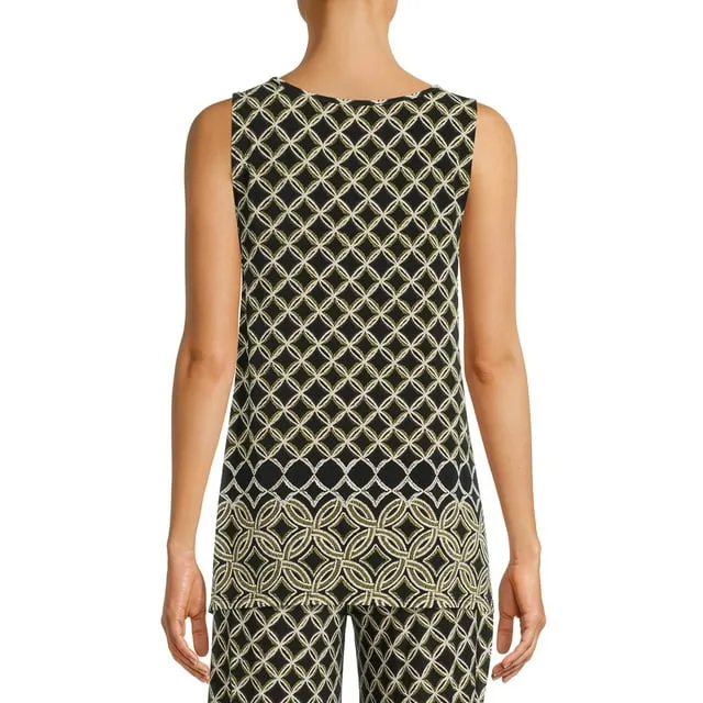 Evan Picone Scoop Neck Sleeveless Moroccan Tile Border Print Shark Bite Hem ITY Top