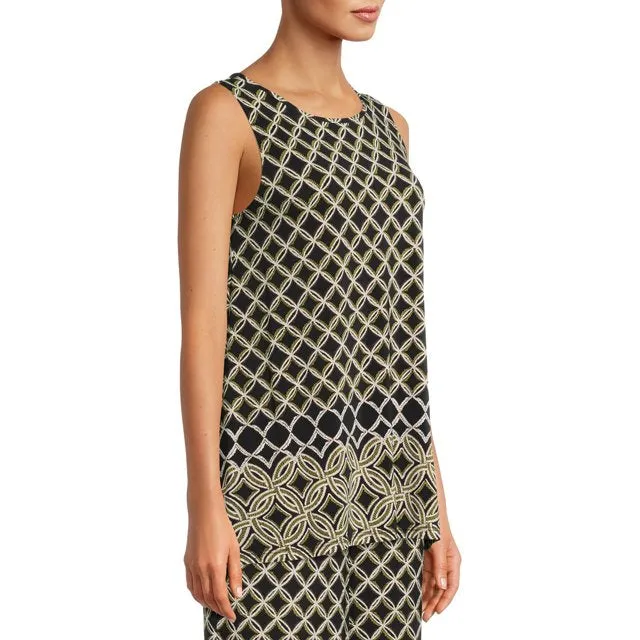 Evan Picone Scoop Neck Sleeveless Moroccan Tile Border Print Shark Bite Hem ITY Top