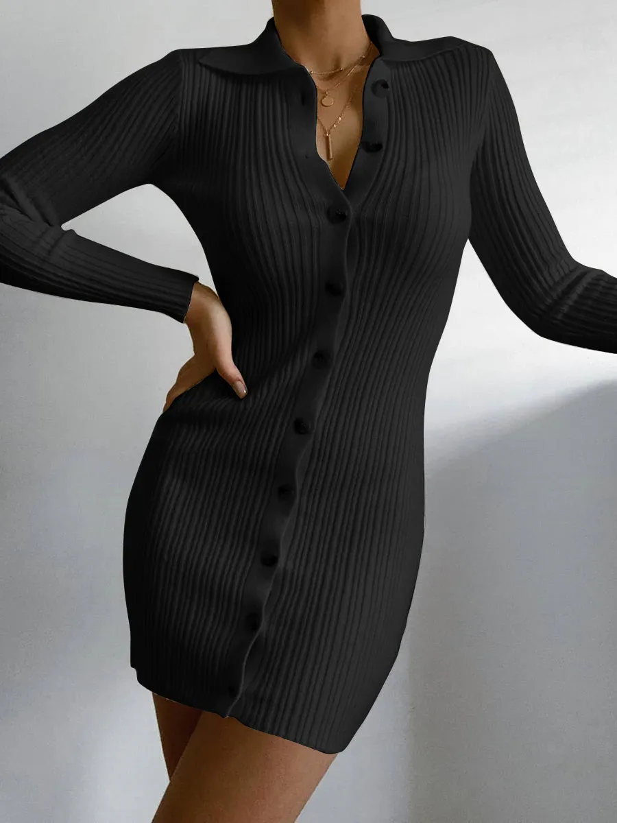 Fashion Casual Long Sleeve Lapel Knitted Dress