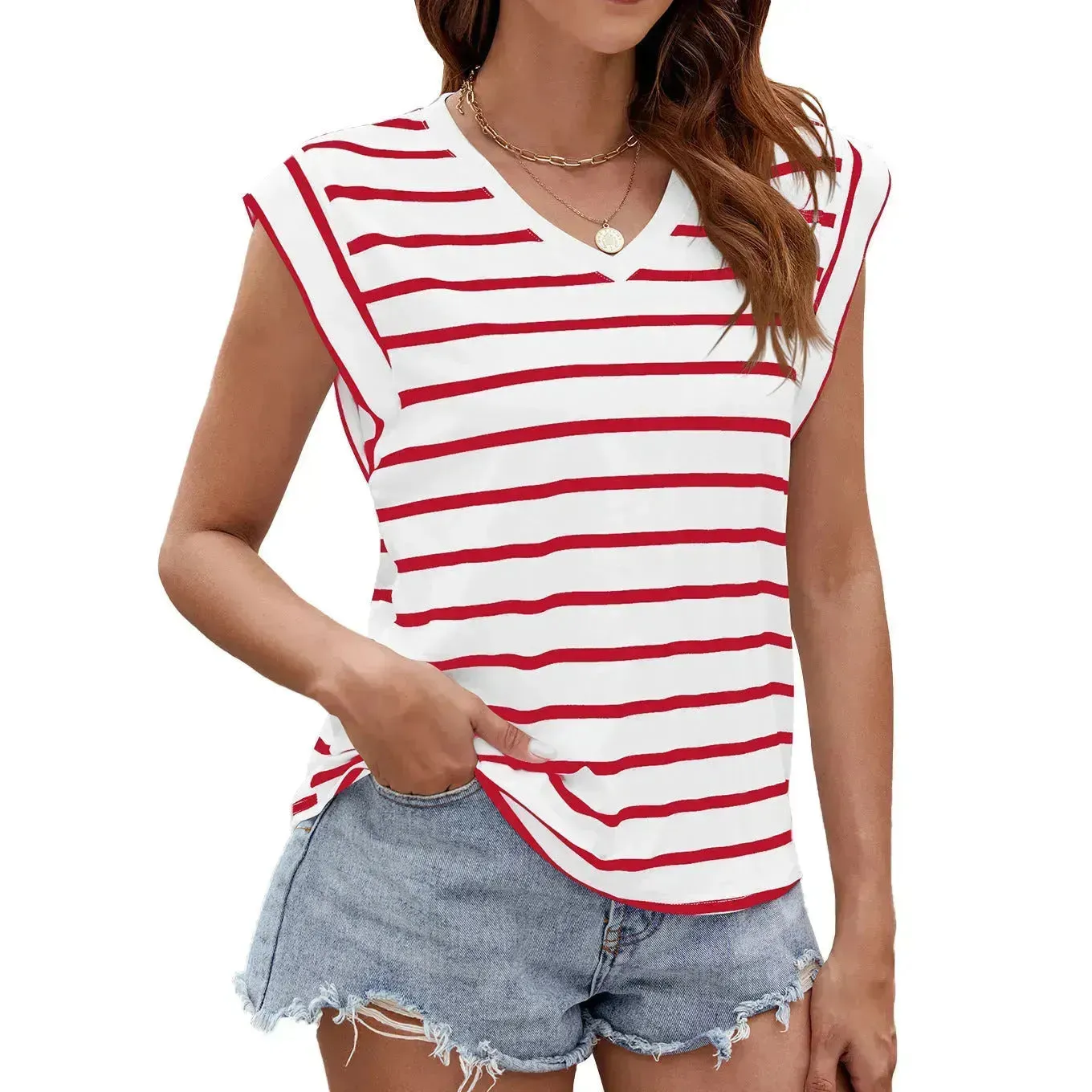 Fashion Stripe Print V-neck Short-sleeved T-Shirt Summer Loose Tank Top Casual Evening Top for Women