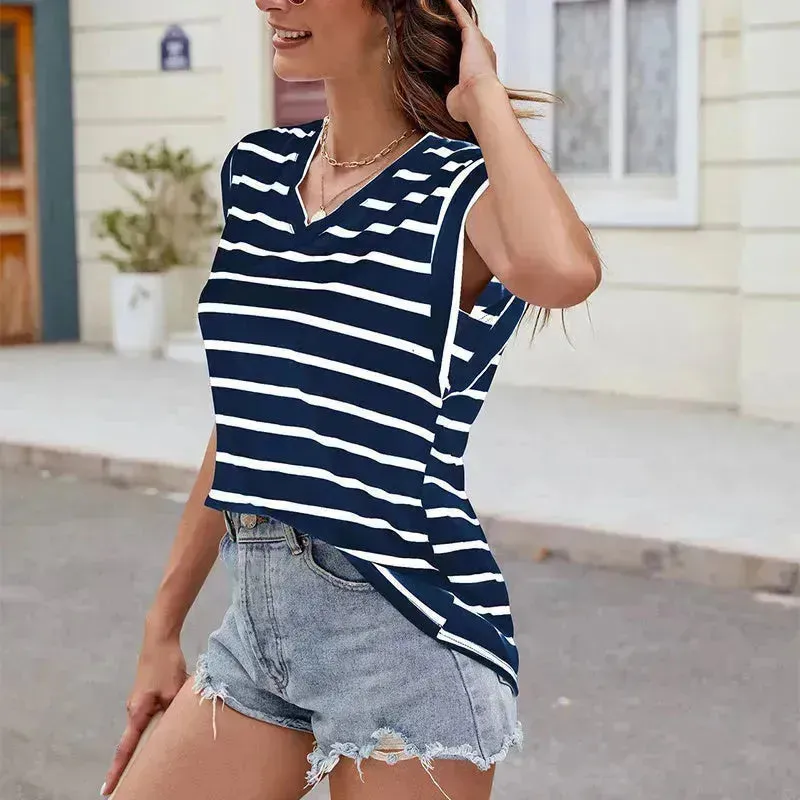 Fashion Stripe Print V-neck Short-sleeved T-Shirt Summer Loose Tank Top Casual Evening Top for Women