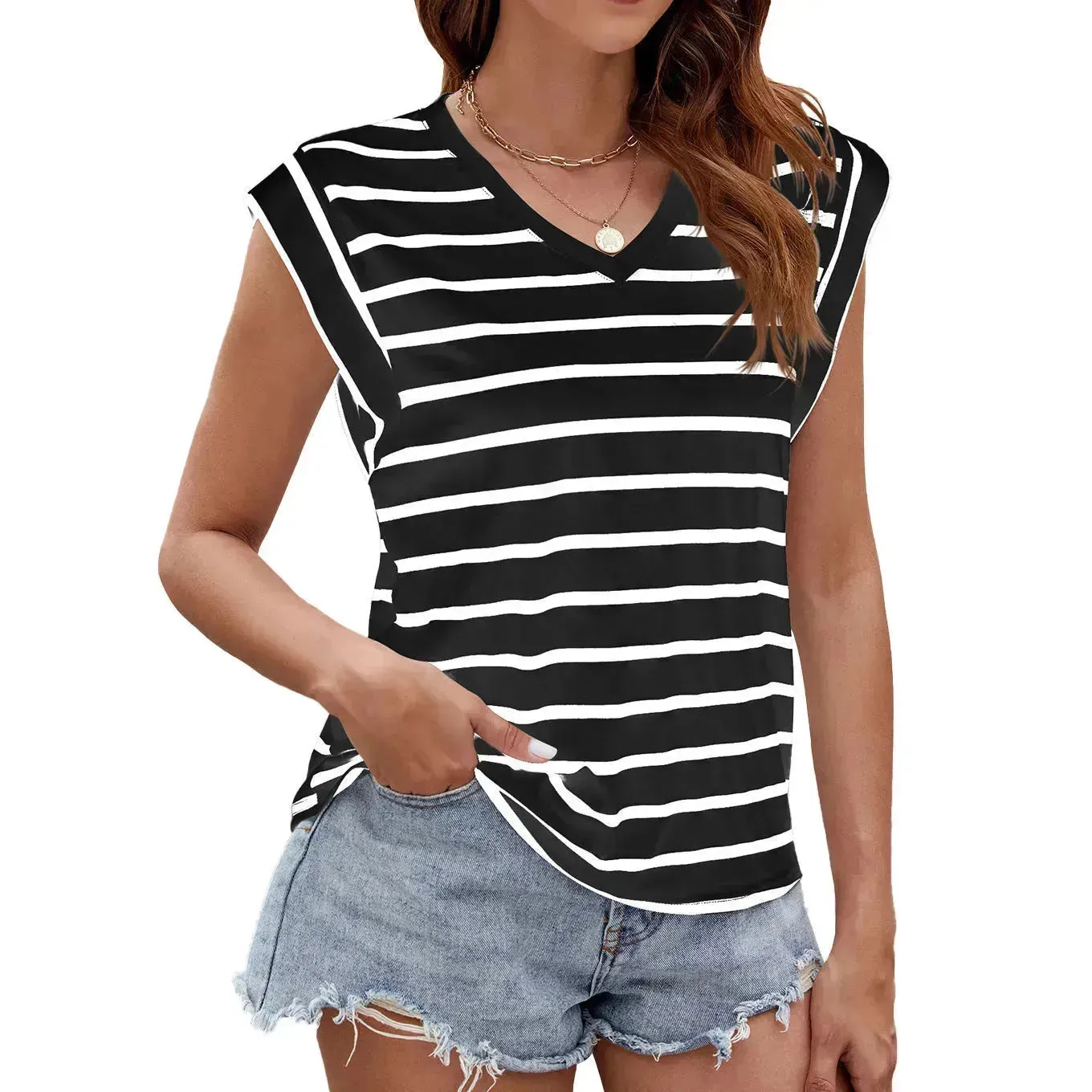 Fashion Stripe Print V-neck Short-sleeved T-Shirt Summer Loose Tank Top Casual Evening Top for Women