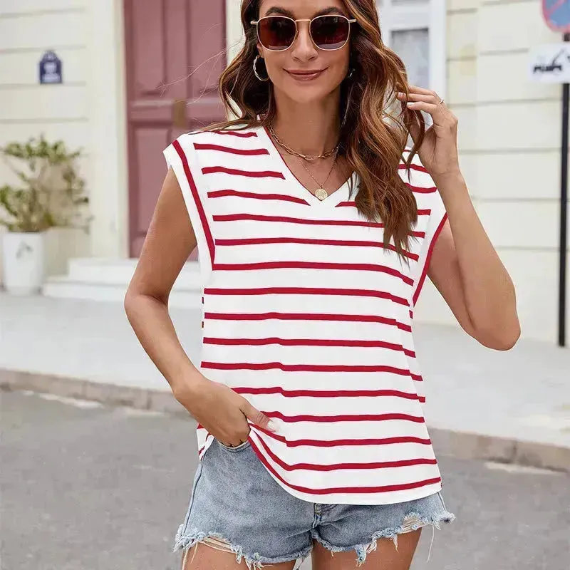 Fashion Stripe Print V-neck Short-sleeved T-Shirt Summer Loose Tank Top Casual Evening Top for Women