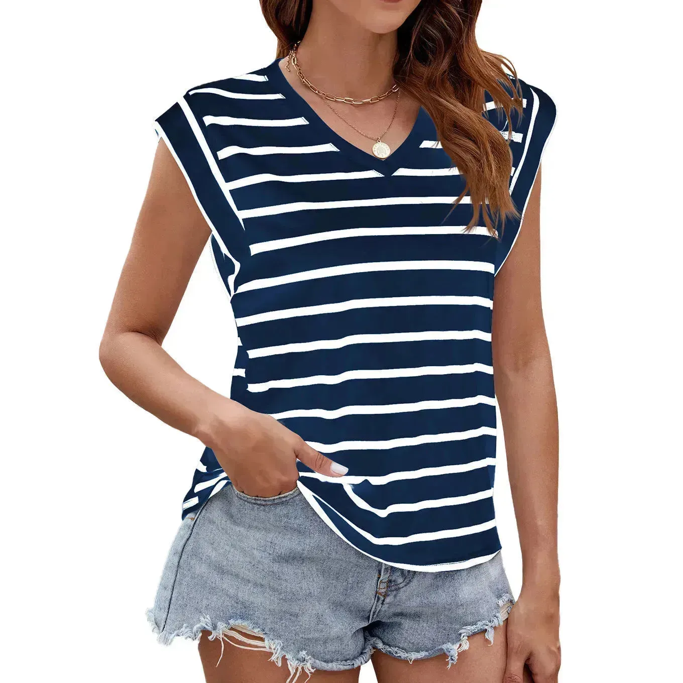 Fashion Stripe Print V-neck Short-sleeved T-Shirt Summer Loose Tank Top Casual Evening Top for Women