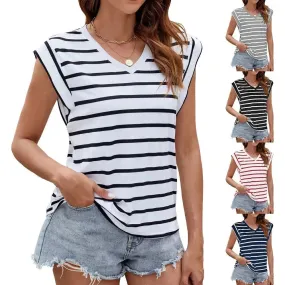 Fashion Stripe Print V-neck Short-sleeved T-Shirt Summer Loose Tank Top Casual Evening Top for Women