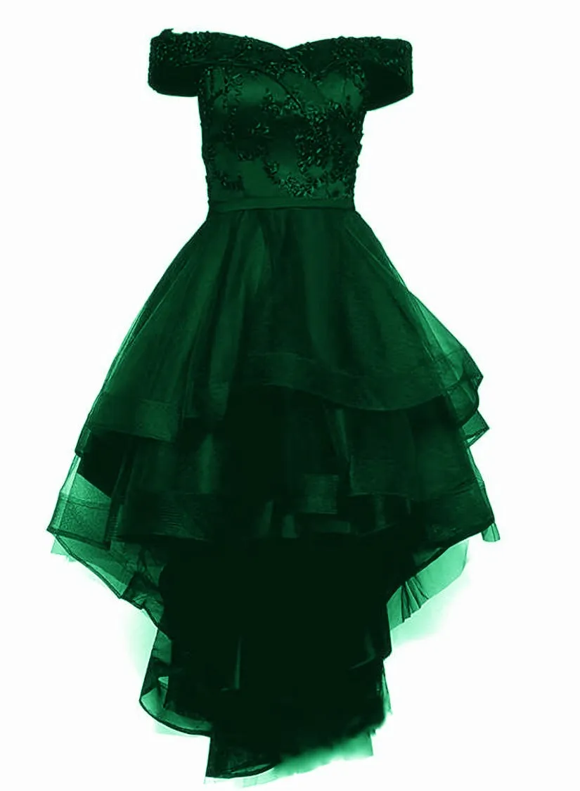 Fashionable Dark Green High Low Tulle with Lace Homecoming Dress, Green Party Dresses