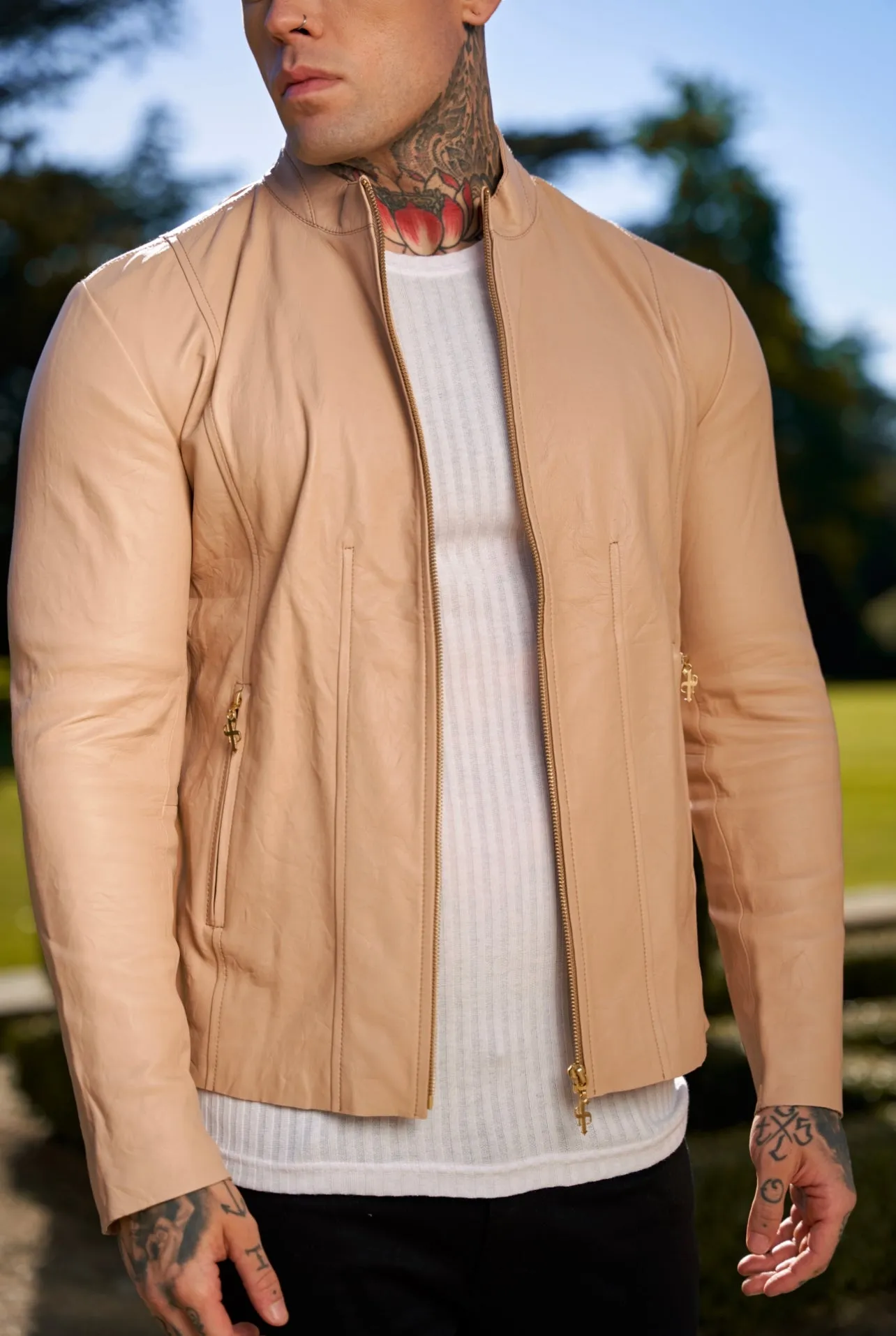 Father Sons Cream Lambs Leather Jacket with Gold Zips - FSH792