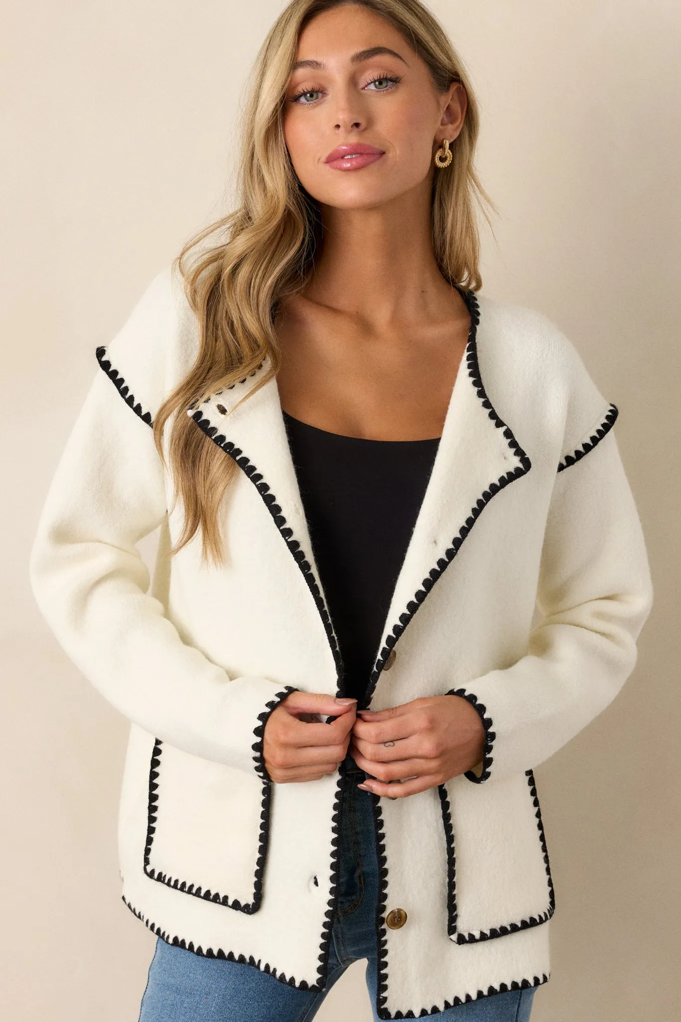 Fleeting Whispers White Blanket Stitch Cardigan