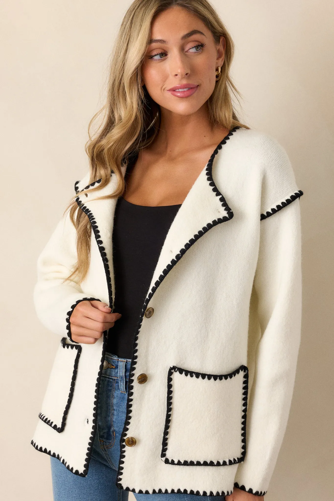 Fleeting Whispers White Blanket Stitch Cardigan