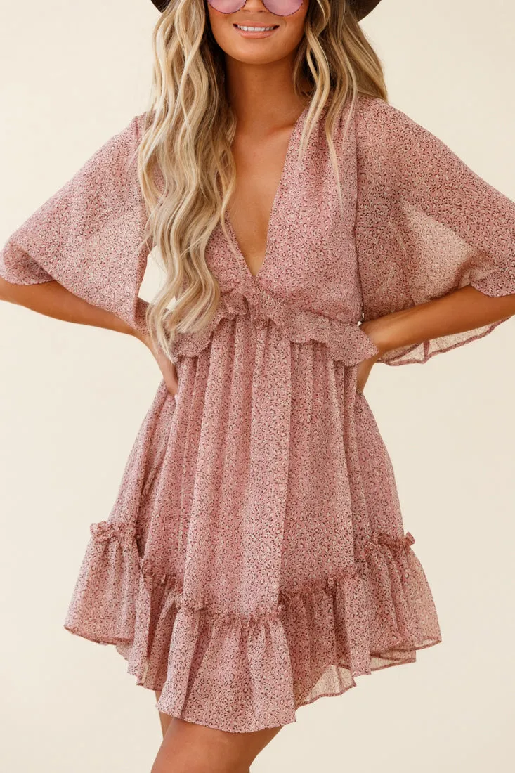 Flissy Angel Sleeve Cut-Out Babydoll Dress Leopard Print Blush