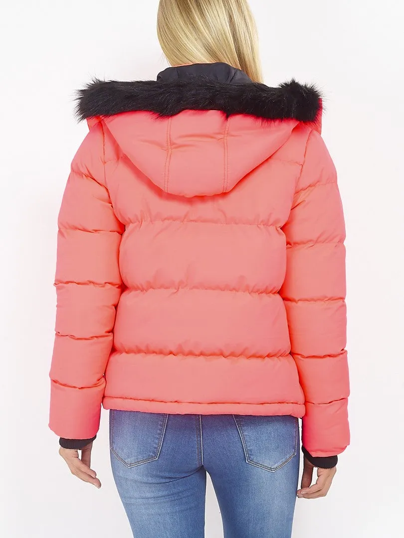 FLURO PINK CONTRAST TRIM PADDED PUFFER JACKET