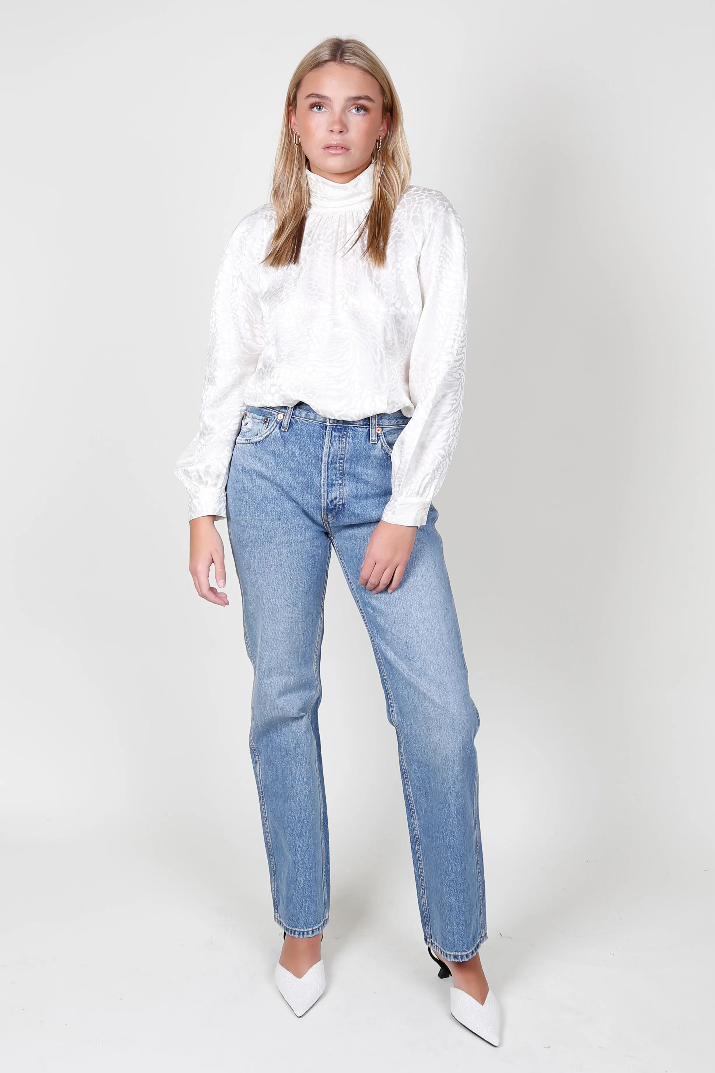 FRAME | Foldover Mock Neck Blouse - Off White