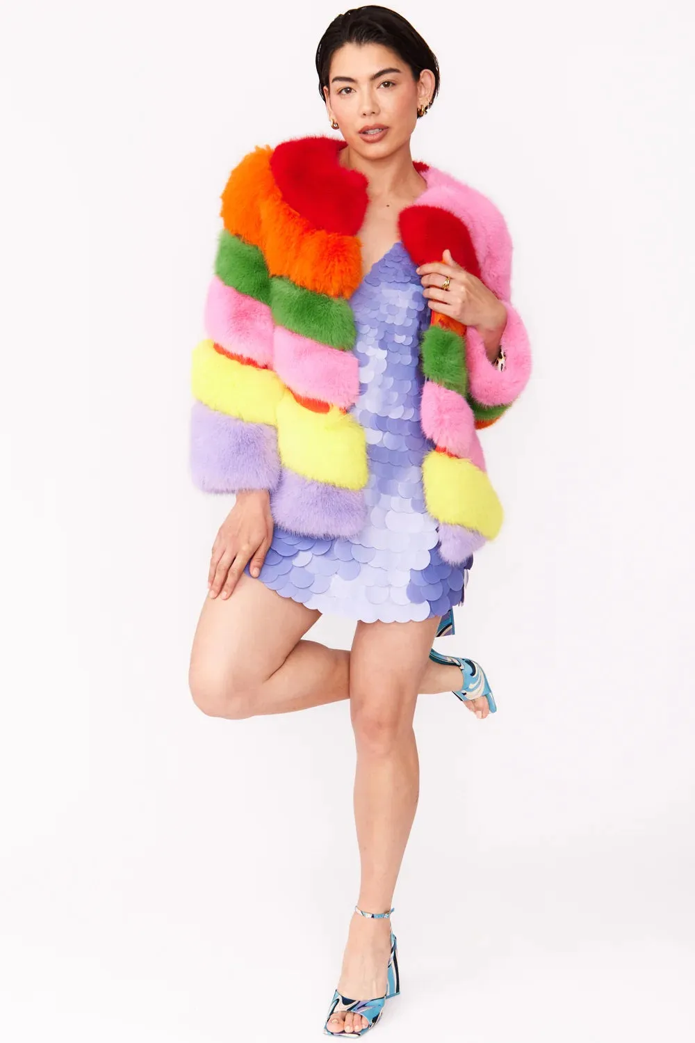 Gaga Faux Fur Striped Rainbow Coat