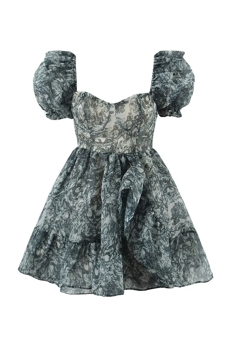 Girly Baroque Print Bustier Puff Sleeve Ruffle Organza Mini Babydoll Dress