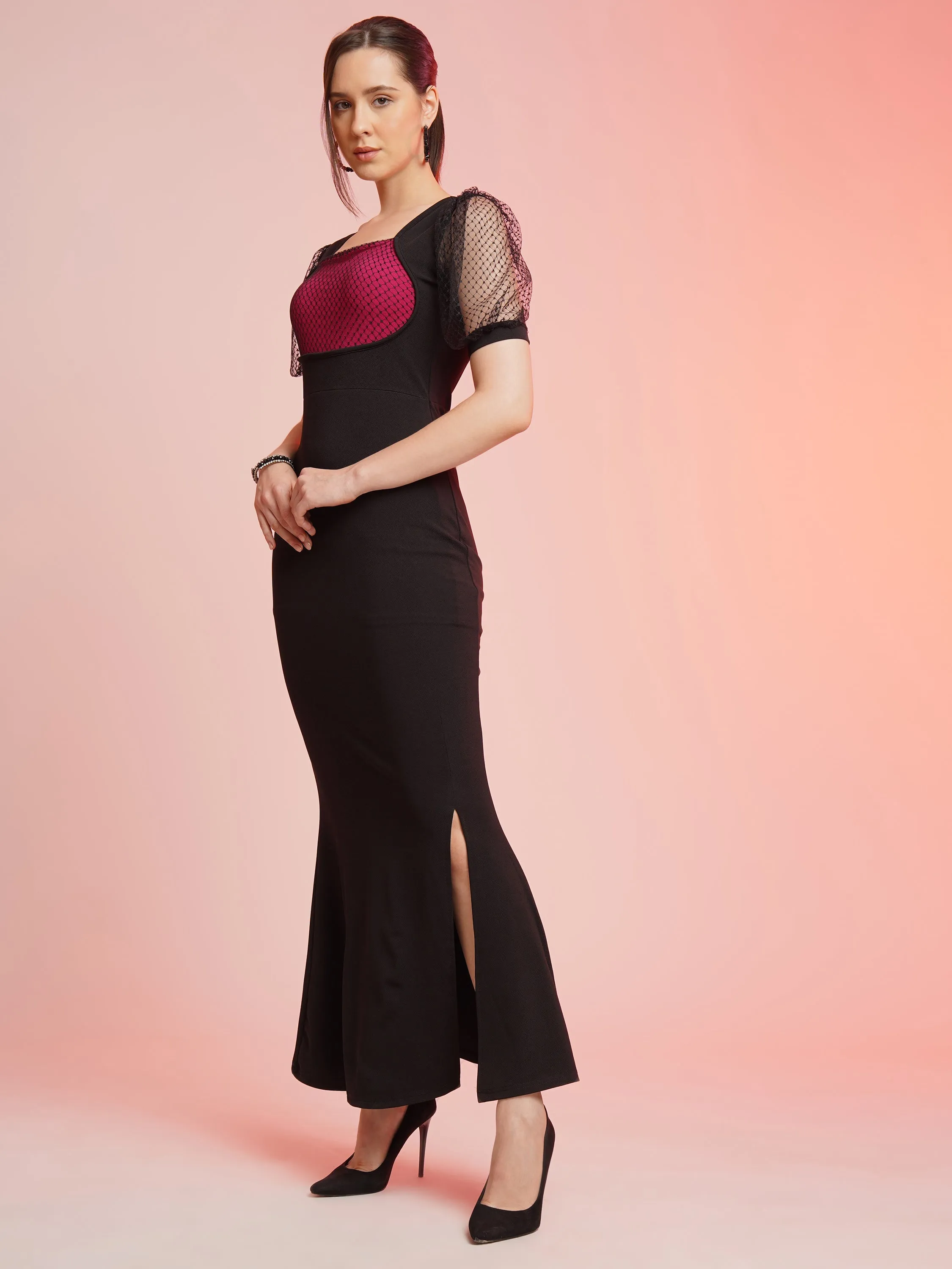 Glamour Square Neck Split Bodycon Maxi Dress