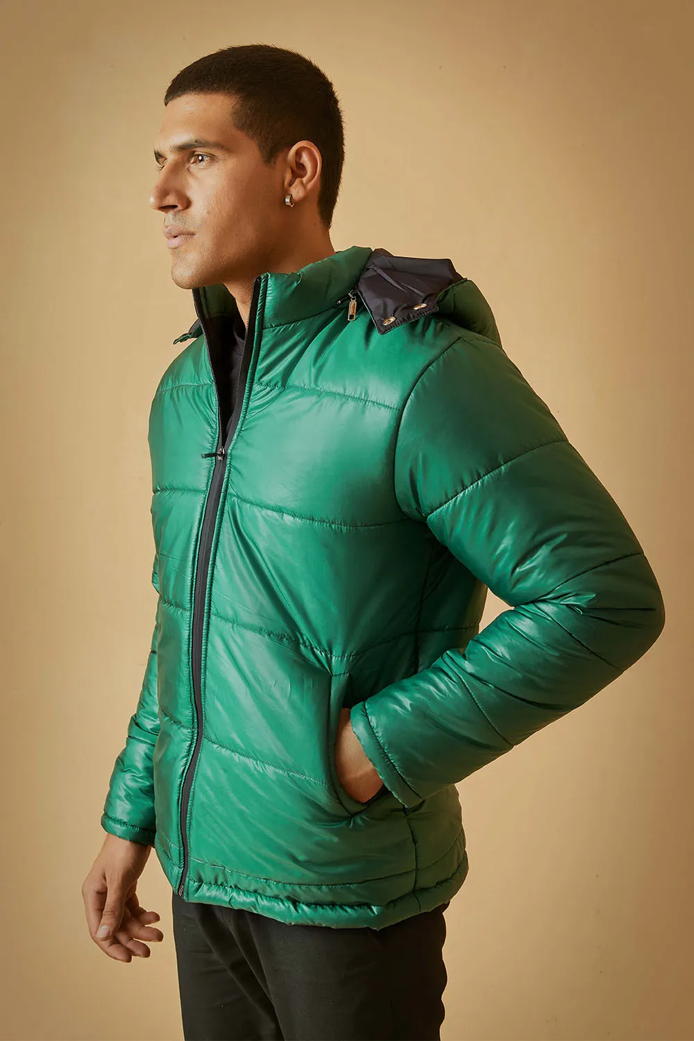 Green Puffer Jacket with Removable Hood