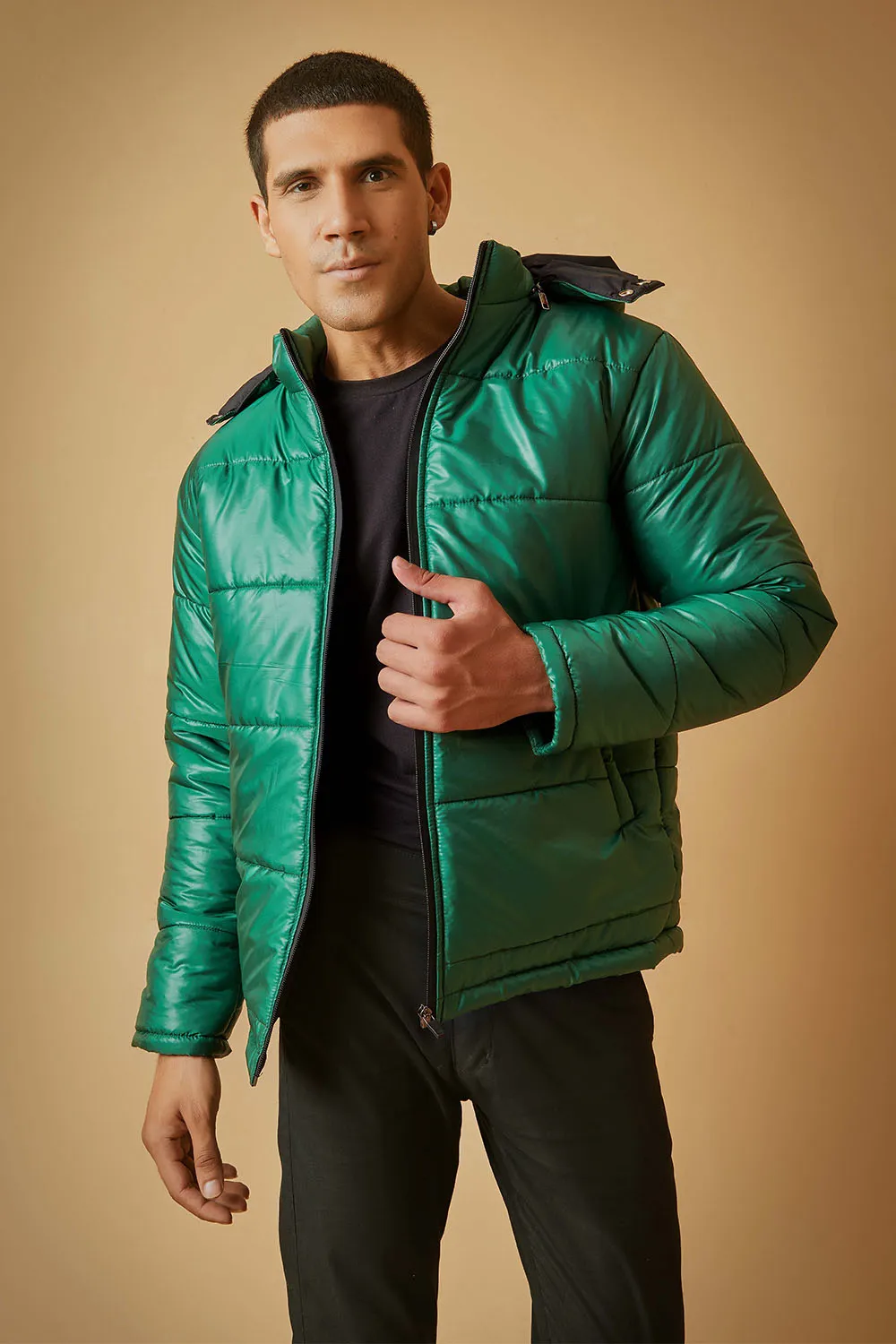 Green Puffer Jacket with Removable Hood