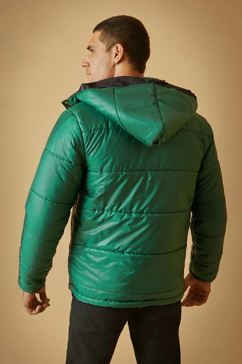 Green Puffer Jacket with Removable Hood