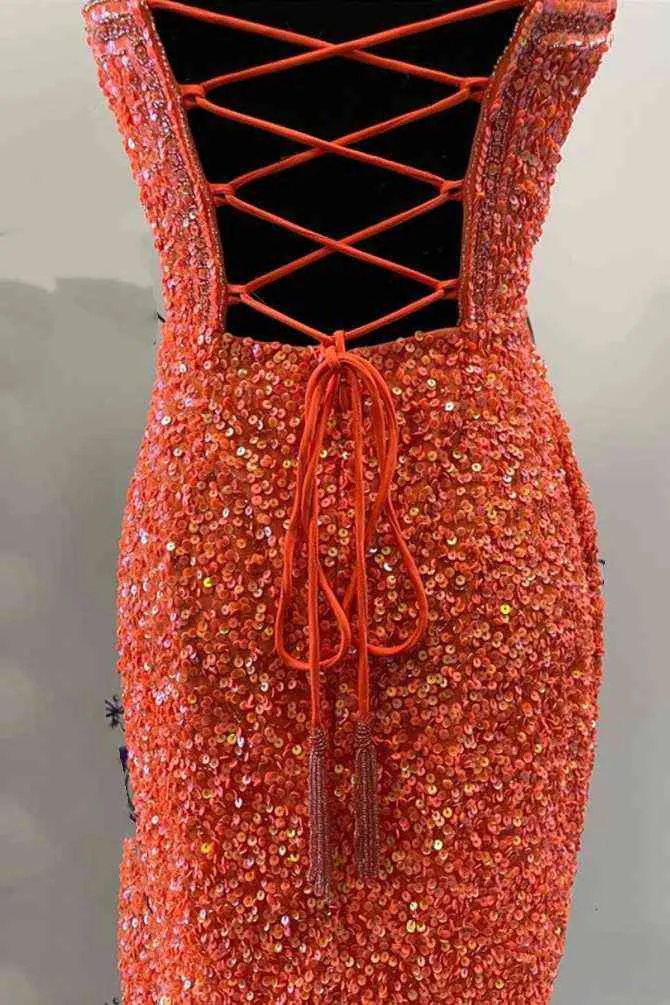 Halter Orange Sequins Bodycon Homecoming Dress with Tassel