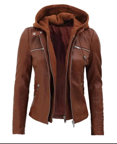 Helen Women's Brown Leather Jacket with Hood