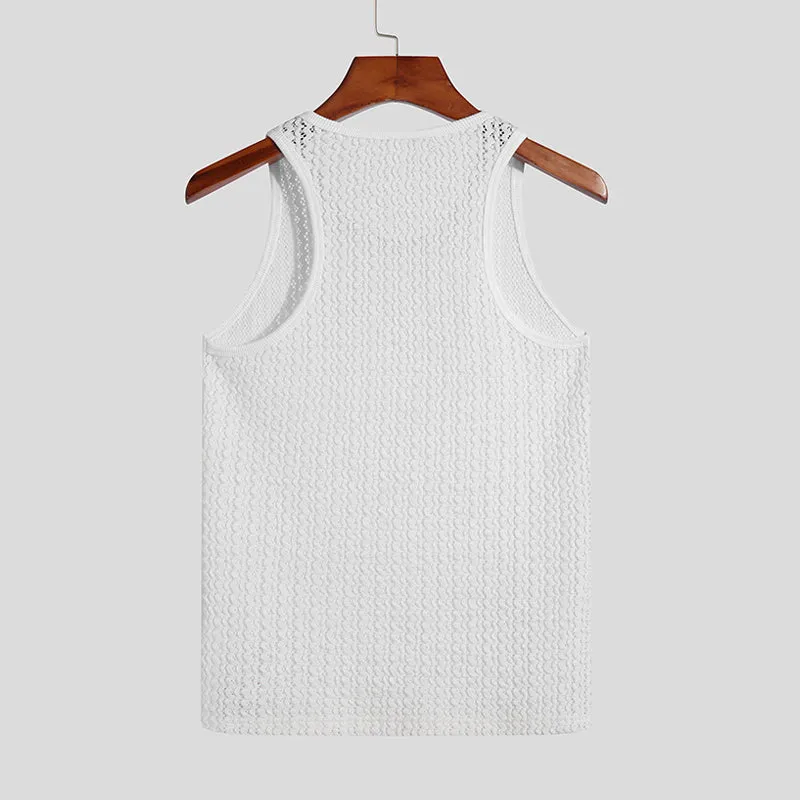 Hollow Out Transparent Solid White Tank Top