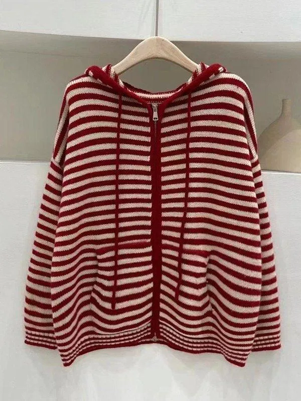 Hooded Striped Long Sleeve Knit Cardigan