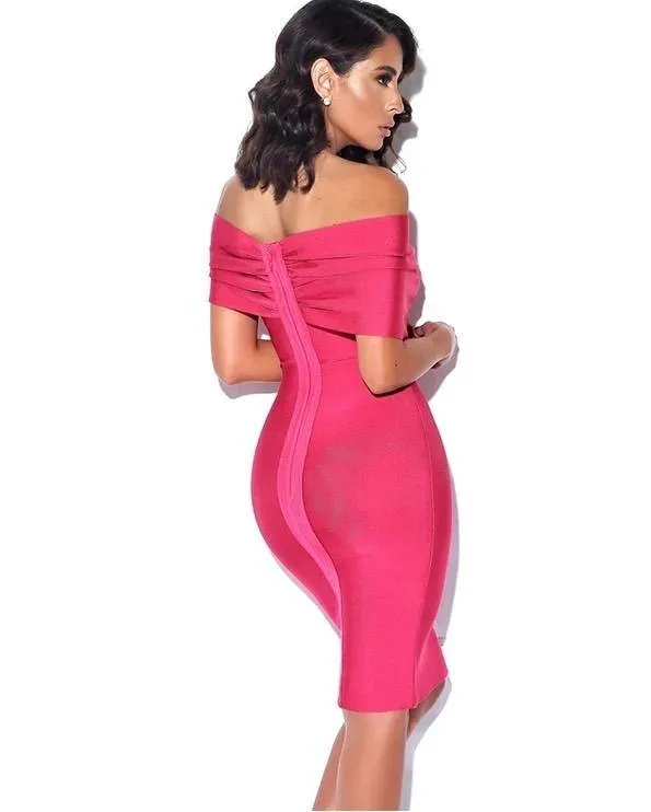 Hot pink off the shoulder midi bandage dress