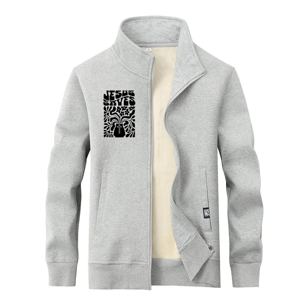 Jesus Saves Floral Cross Stand Collar Zip Fleece Sherpa Cardigan