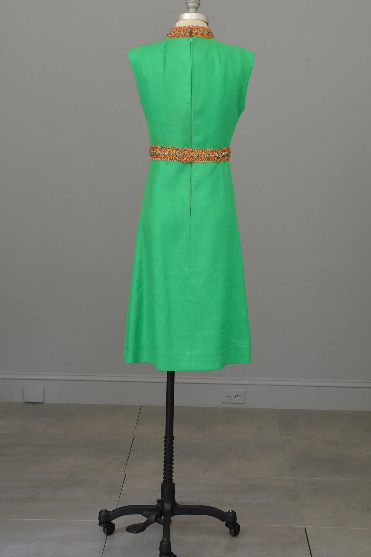 Kelly Green and Copper 70s vintage midi dress