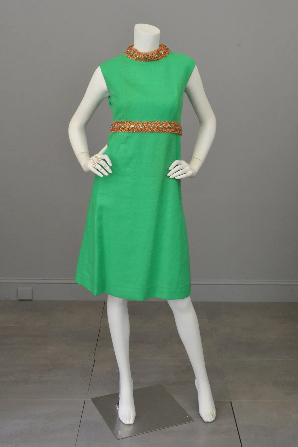 Kelly Green and Copper 70s vintage midi dress