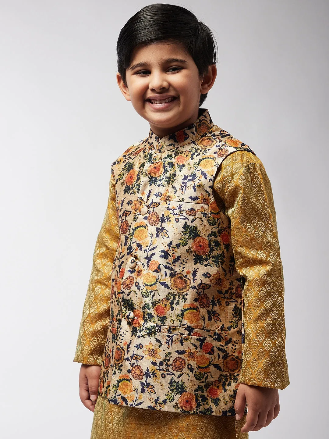 Kid's Silk Blend LimeGreen Printed ONLY Nehru Jacket - Sojanya KID