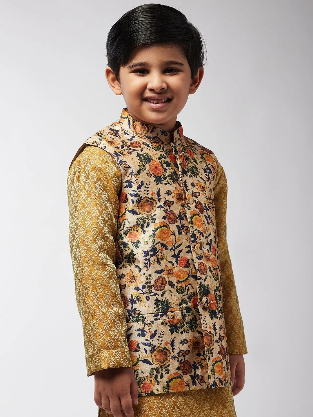 Kid's Silk Blend LimeGreen Printed ONLY Nehru Jacket - Sojanya KID