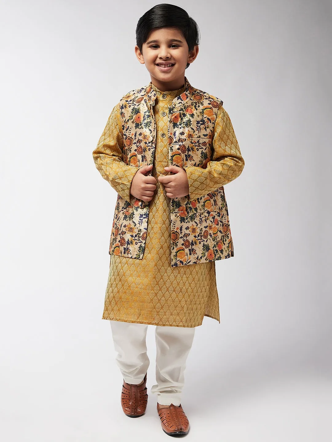 Kid's Silk Blend LimeGreen Printed ONLY Nehru Jacket - Sojanya KID