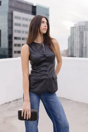 Lainey Sleeveless Vegan Leather Button Down Vest Black