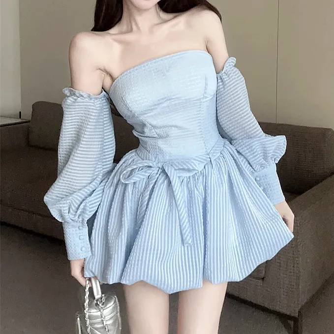 Lantern Sleeve Waist Slim Fit Puffy Tube Top Dress