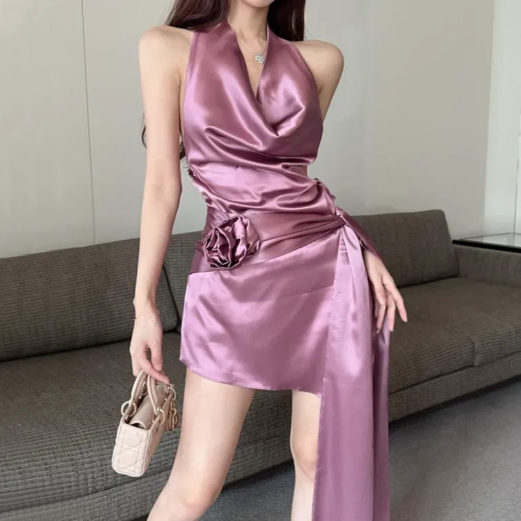 Large Backless Strappy Halterneck Bow Purple Dress