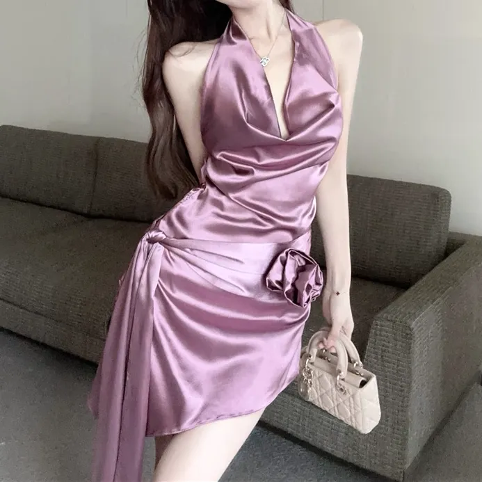 Large Backless Strappy Halterneck Bow Purple Dress