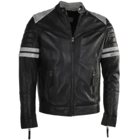 Leather bomber jacket in black with white stripes