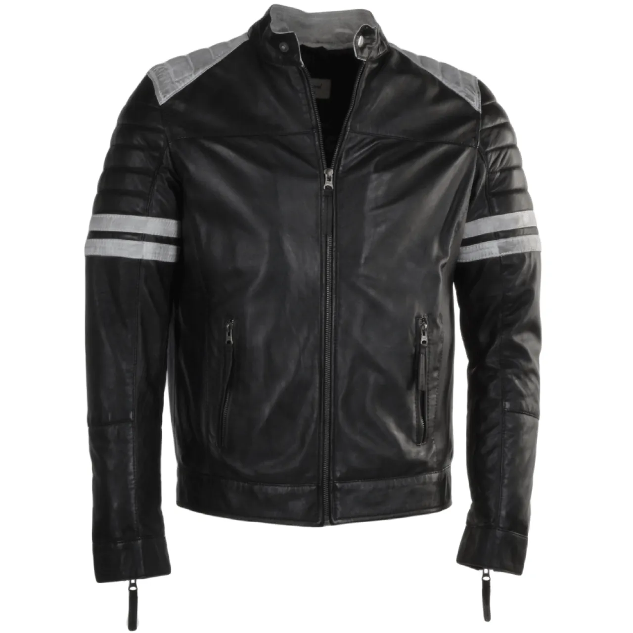 Leather bomber jacket in black with white stripes