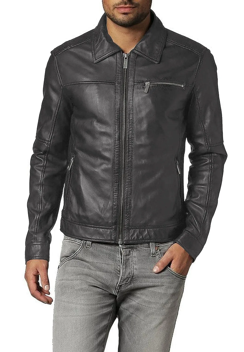 Leather Jackets Hub Mens Genuine Lambskin Leather Jacket (Black, Aviator Jacket) - 1501093