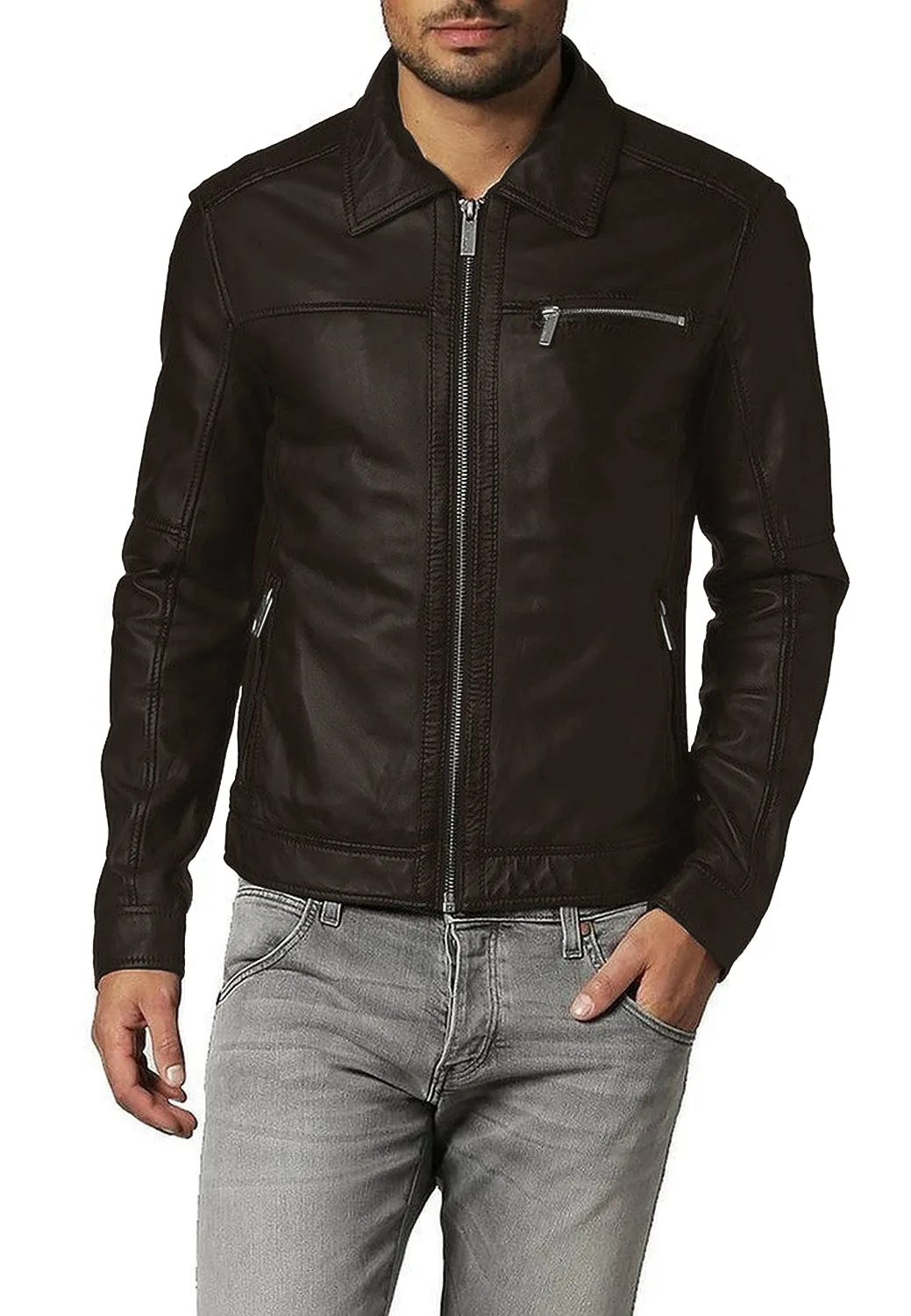 Leather Jackets Hub Mens Genuine Lambskin Leather Jacket (Black, Aviator Jacket) - 1501093