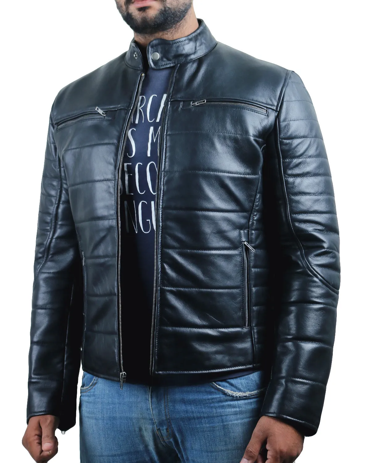 Leather Jackets Hub Mens Genuine Lambskin Leather Jacket (Black, Racer Jacket) - 1501139