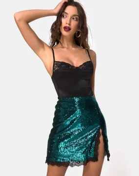 Lena Skirt in Mini Sequin Teal with Black Lace