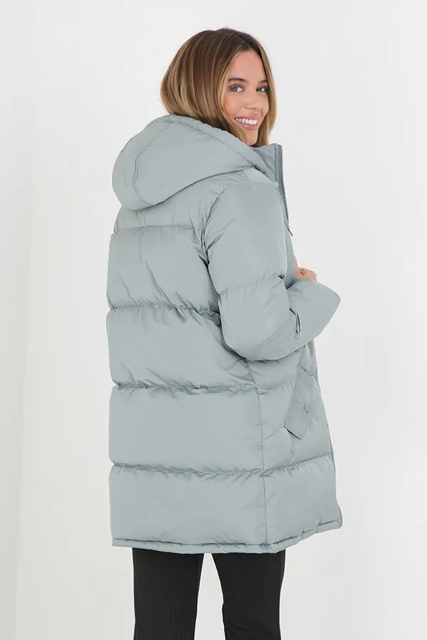 LIGHT SAGE ZIP THROUGH LONGER LENGTH PADDED JACKET