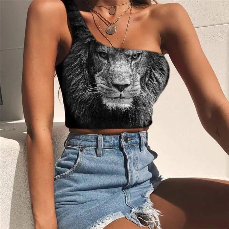 Lion Tank Tops Women Animal Sleeveless Shirt Anime One Shoulder Crop Harajuku Midriff T shirt Street Tees Graphic