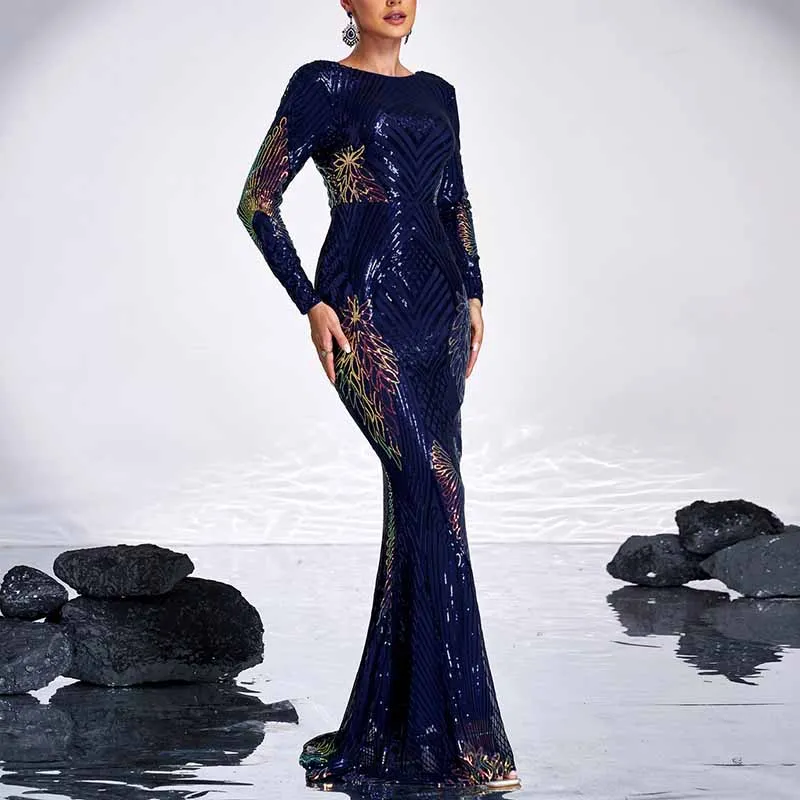 Long Sleeve Sequin Mermaid Formal Dress Multicolor Maxi Dress