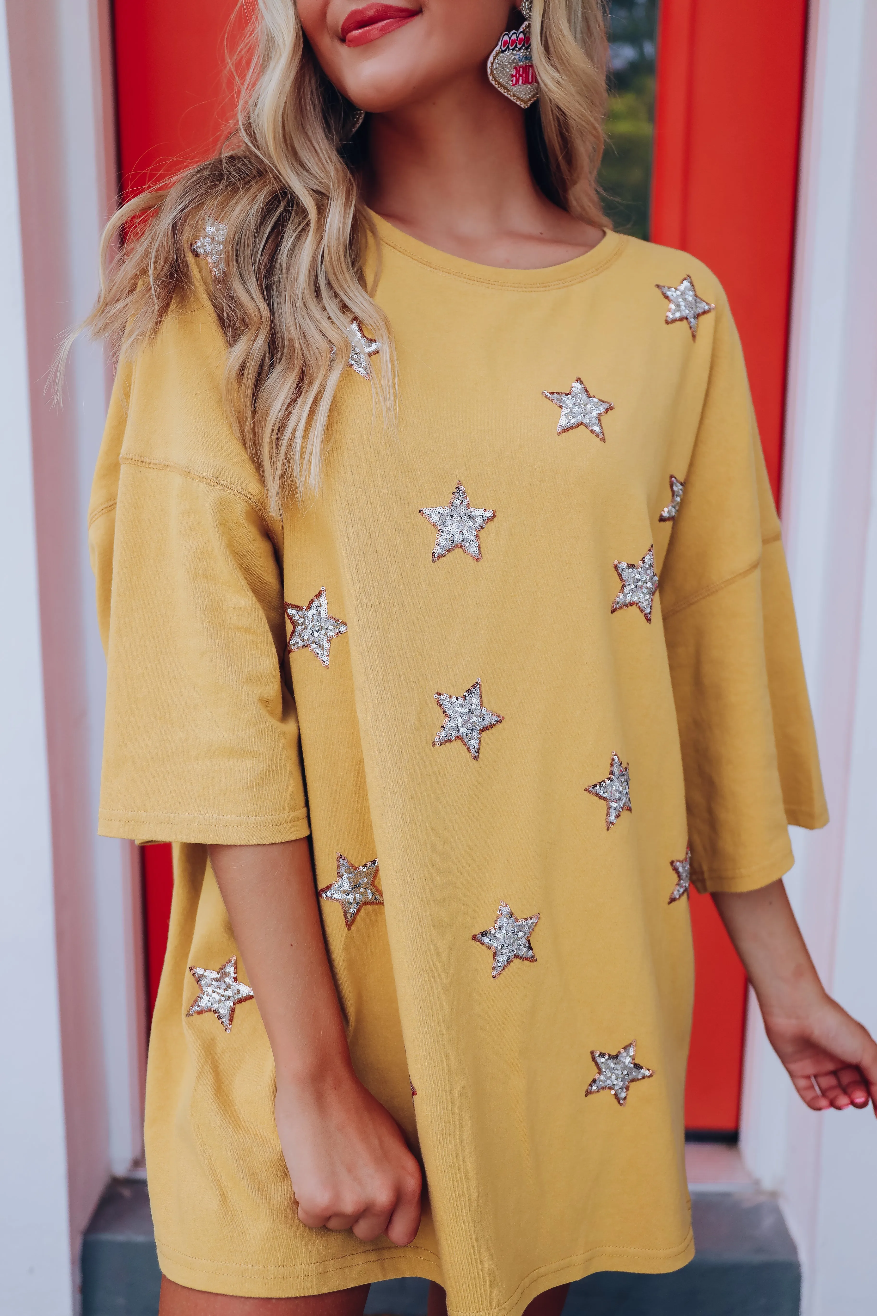 Luminous Sparkling Drop Shoulder Tee - Mustard