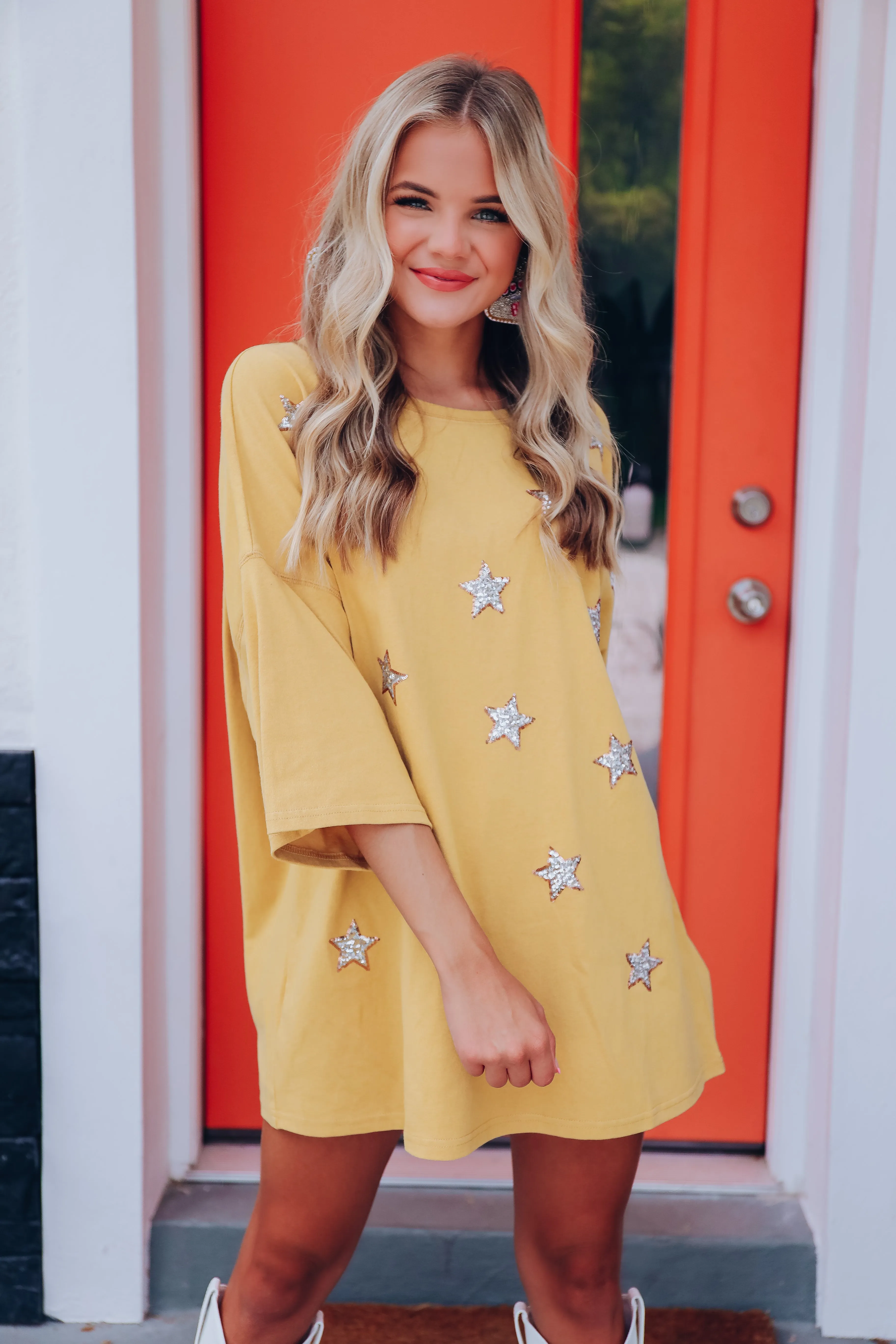 Luminous Sparkling Drop Shoulder Tee - Mustard