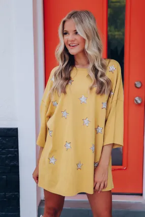 Luminous Sparkling Drop Shoulder Tee - Mustard